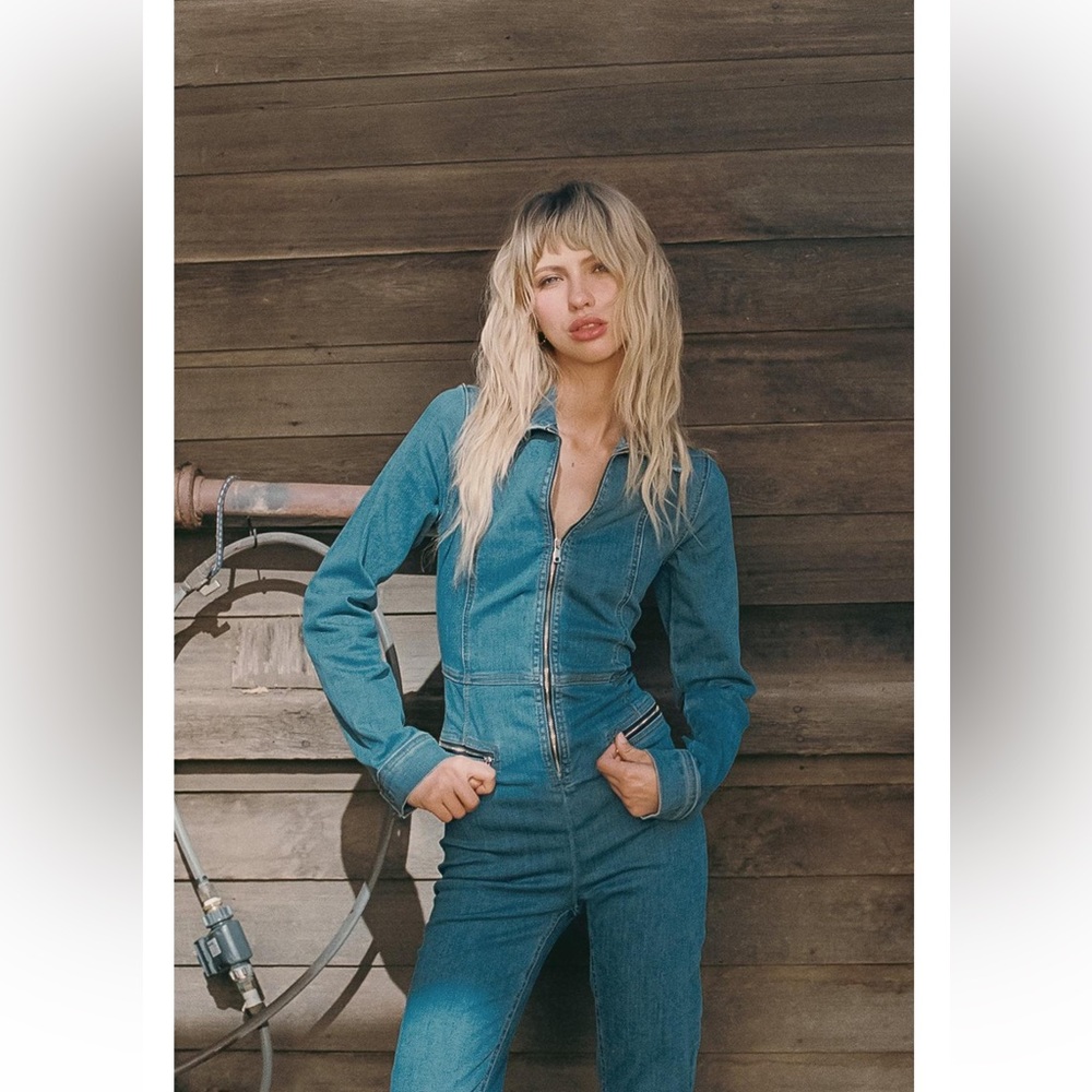 Long Sleeve Zip Pocket Detail Denim Jumpsuit